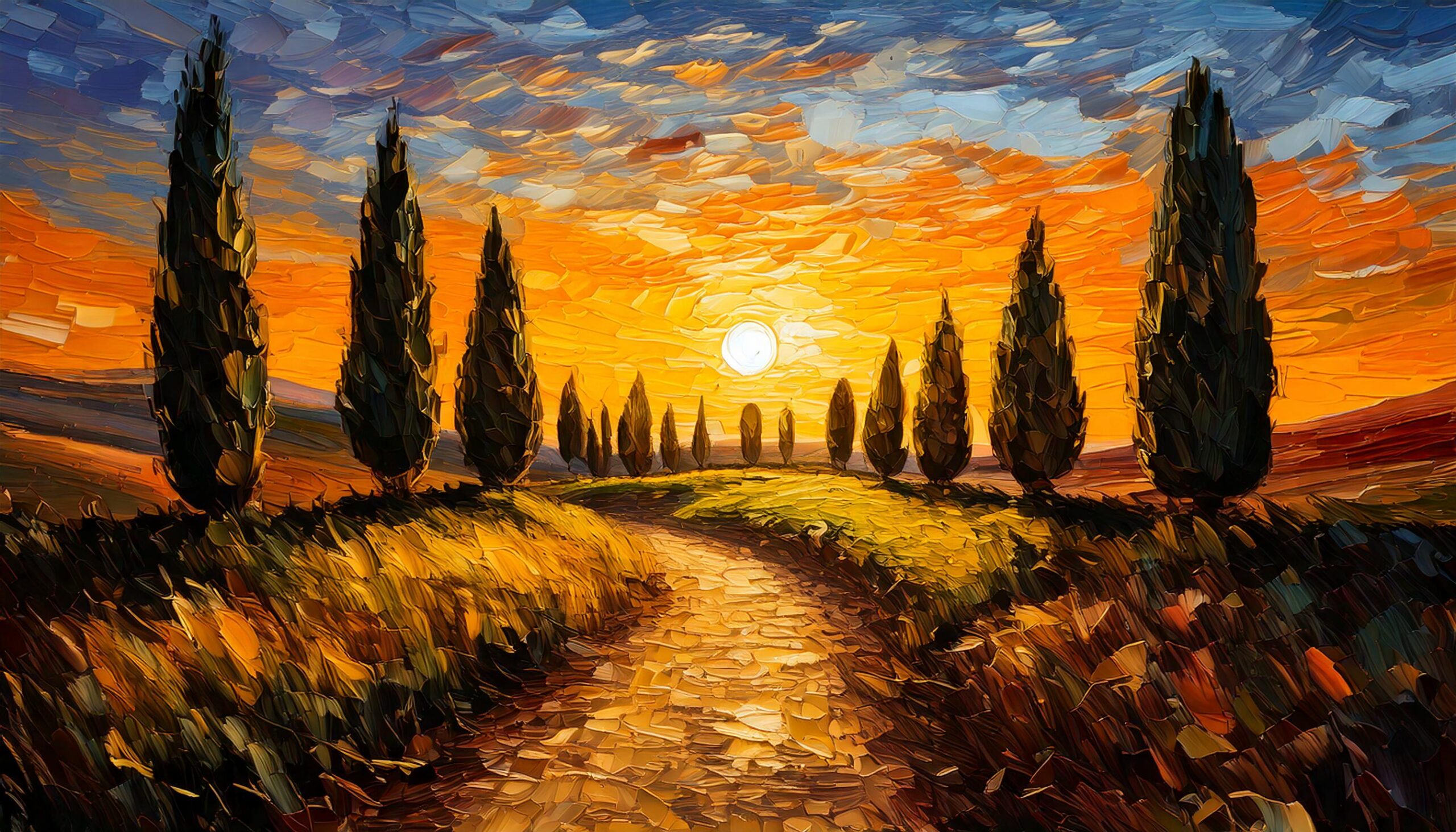 Firefly Impasto style dramatic but relaxing painting of a footpath winding through cypress trees blo Firefly Impasto style dramatic but relaxing painting of a footpath winding through cypress trees blo